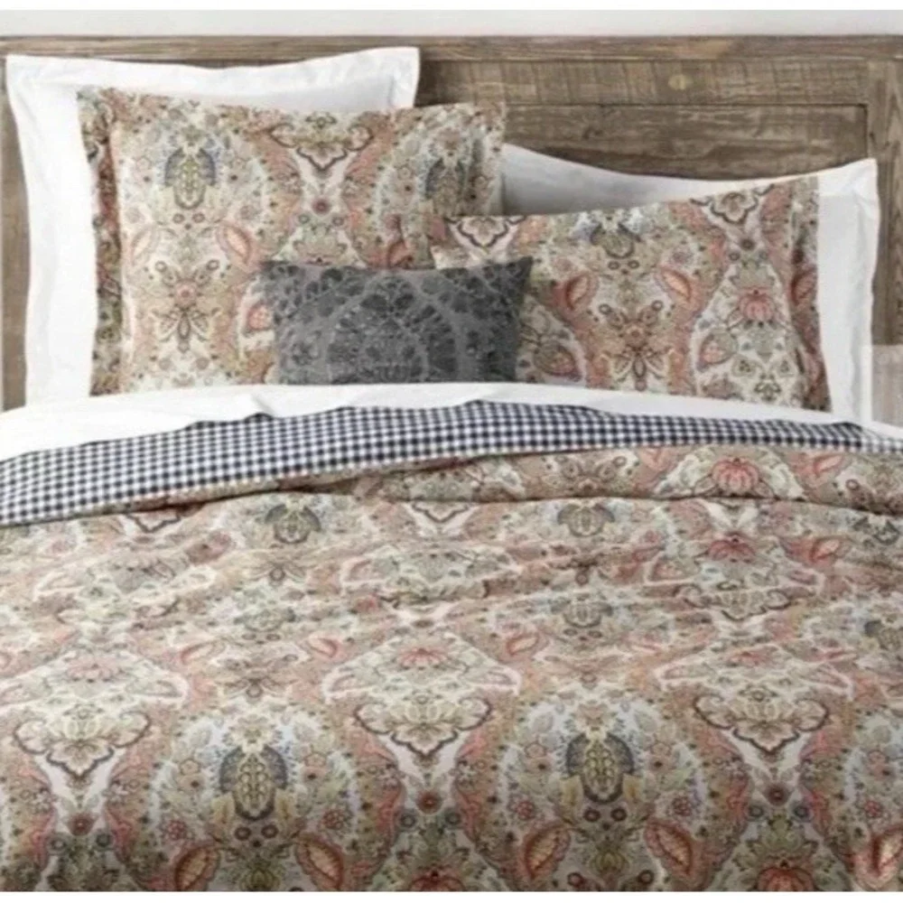 Pottery Barn Florentine King Duvet Cover w/ 3 Euro Shams Paisley Gingham Organic